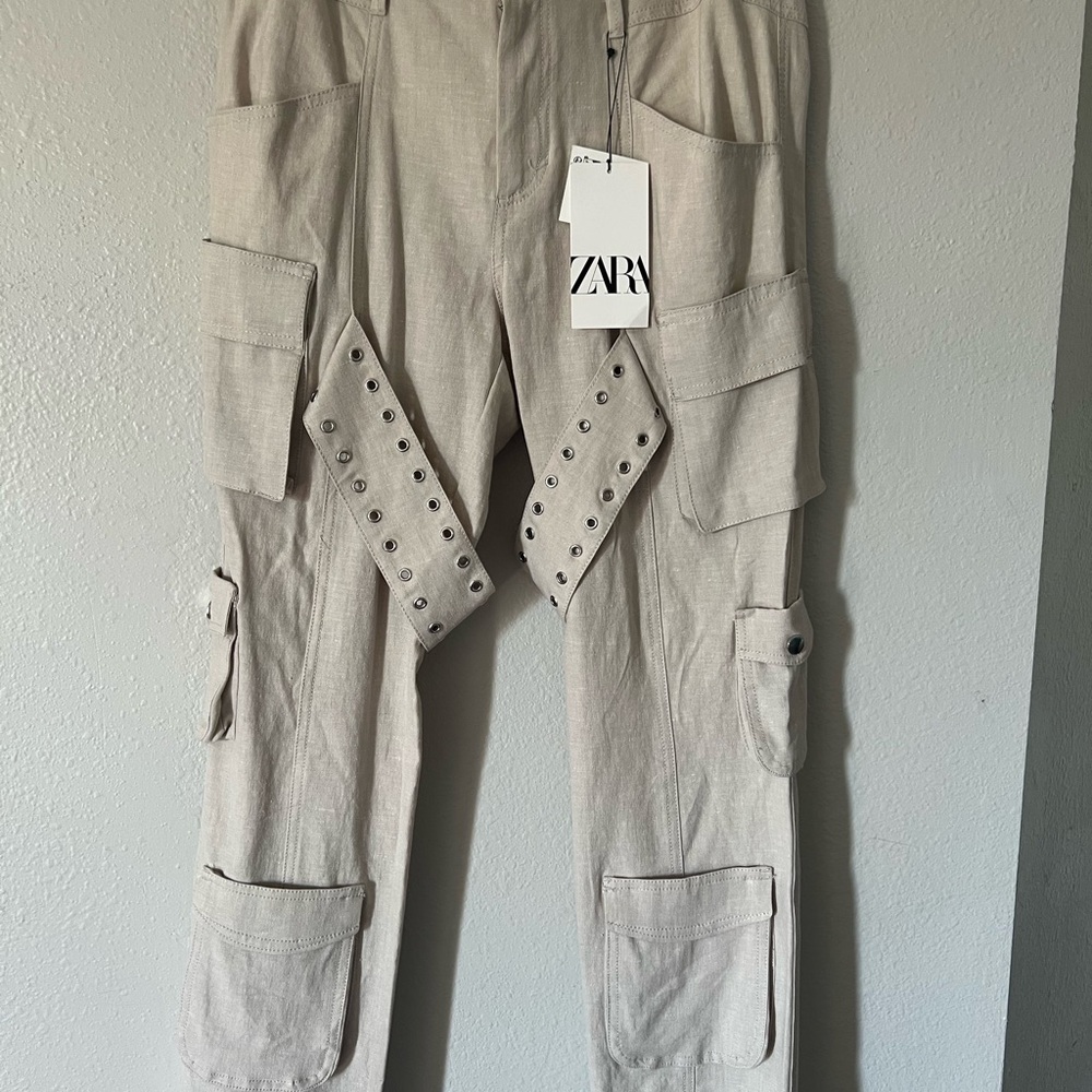 Zara Women Light Tan Cargo Linen Pants